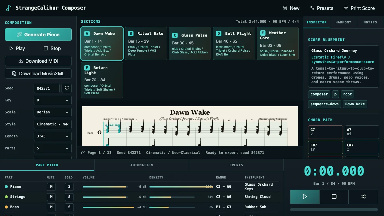 Composer showing the Dawn Wake score, instrument parts and playback controls.
