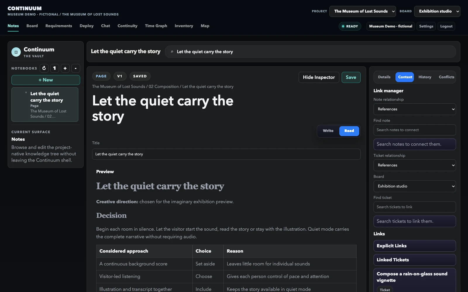 The real Continuum Notes view showing a quiet-storytelling decision in The Museum of Lost Sounds, a fictional creative demo workspace.