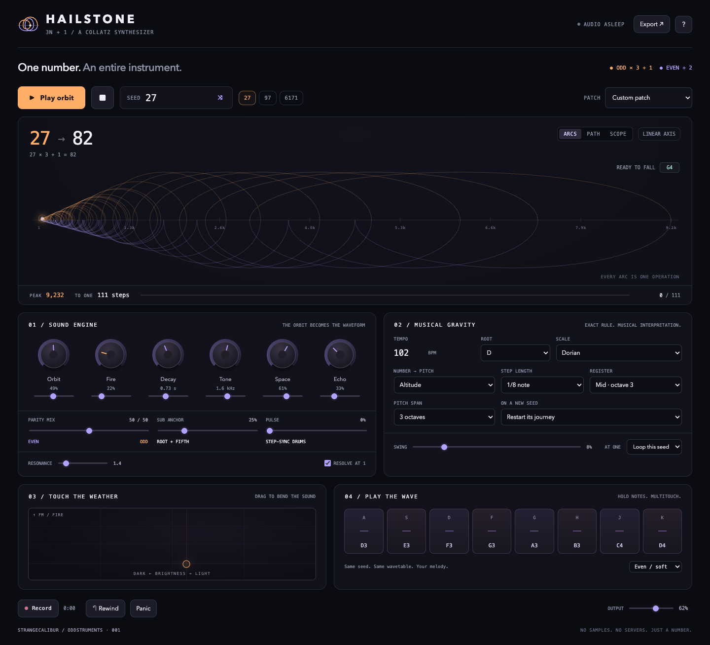 Hailstone browser instrument showing a Collatz trajectory, synthesis controls, musical settings, touch field and playable pads.
