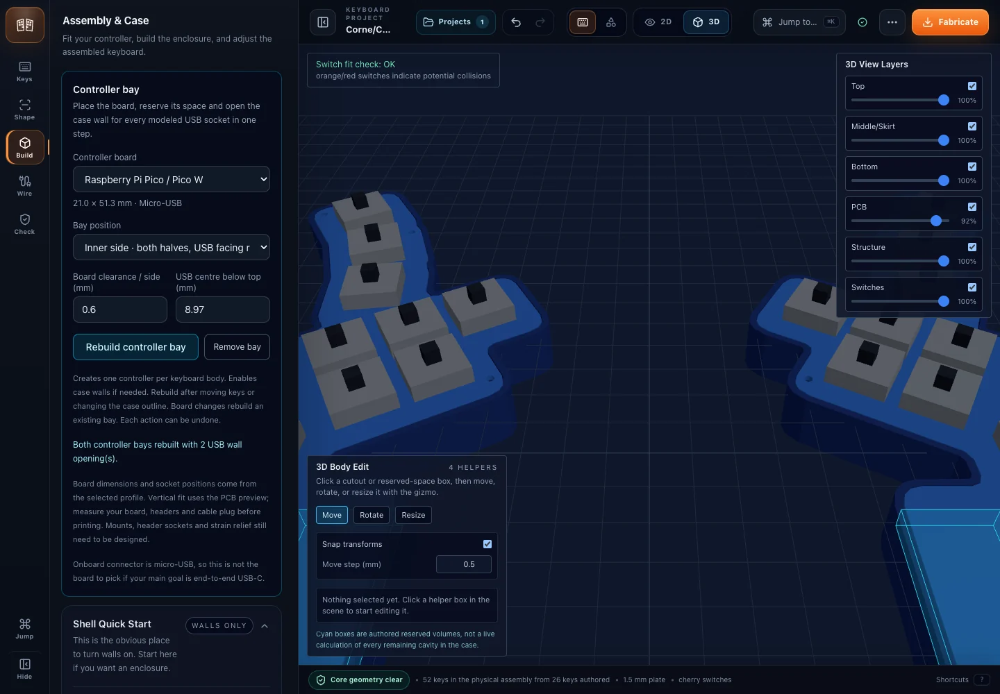 Forge showing a split keyboard assembly and its controller bay.