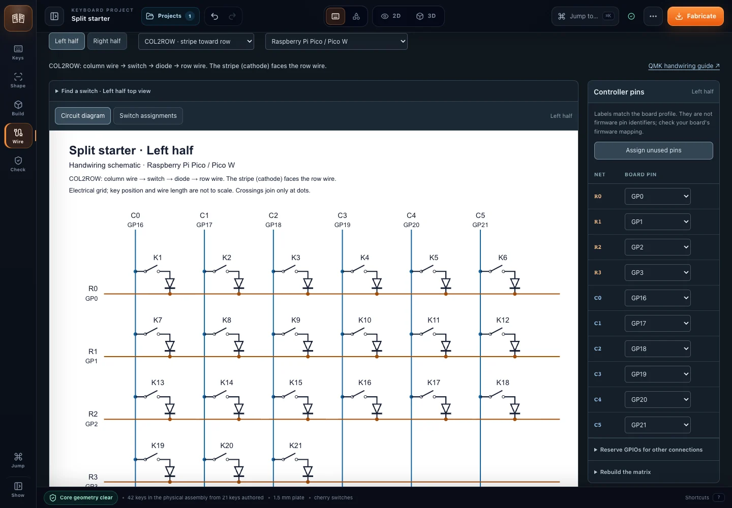 Forge wiring workspace with physical key positions, row and column wires and controller assignments.
